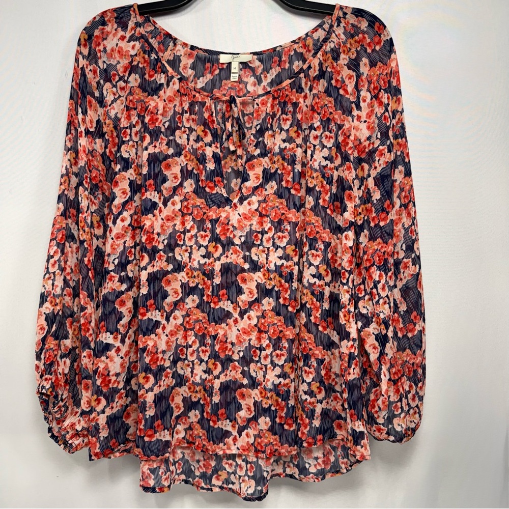 Floral Silk Joie Pink Orange Sheer Peasant Blouse Size M Medium